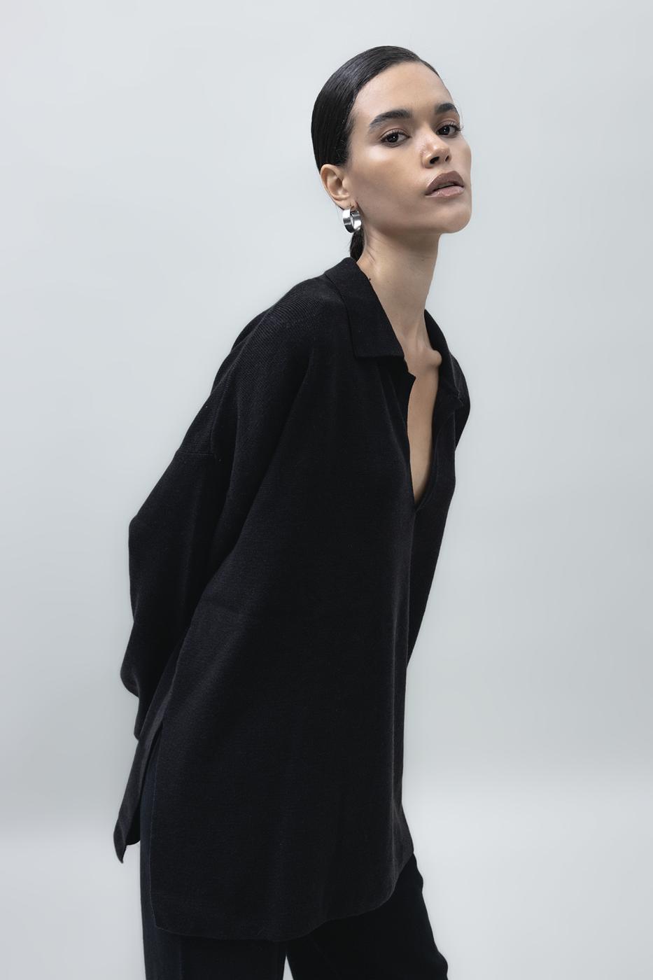 Shirt Collar Oversize Knit Pullover Black