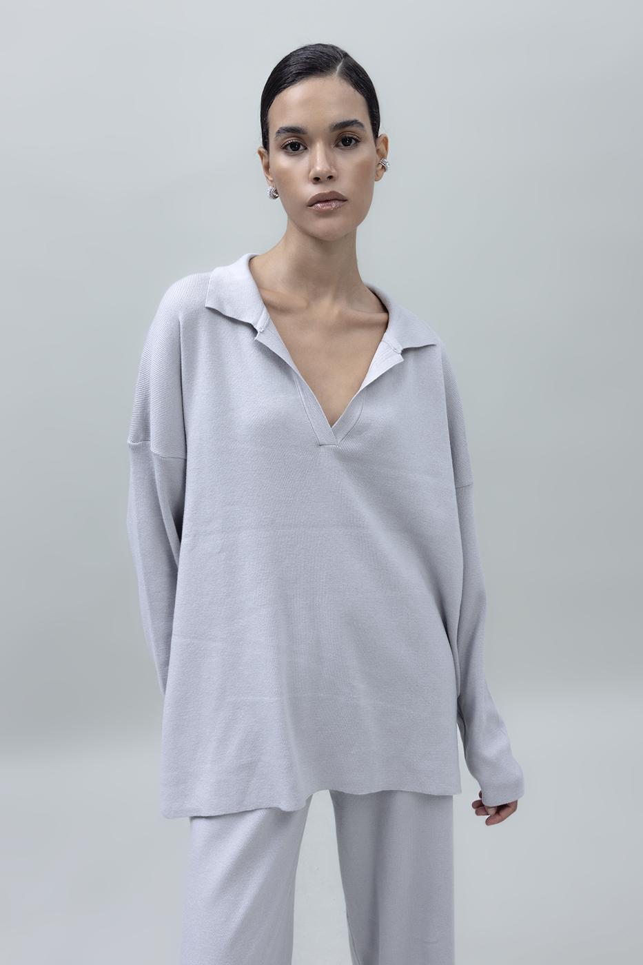 Shirt Collar Oversize Knit Pullover Stone