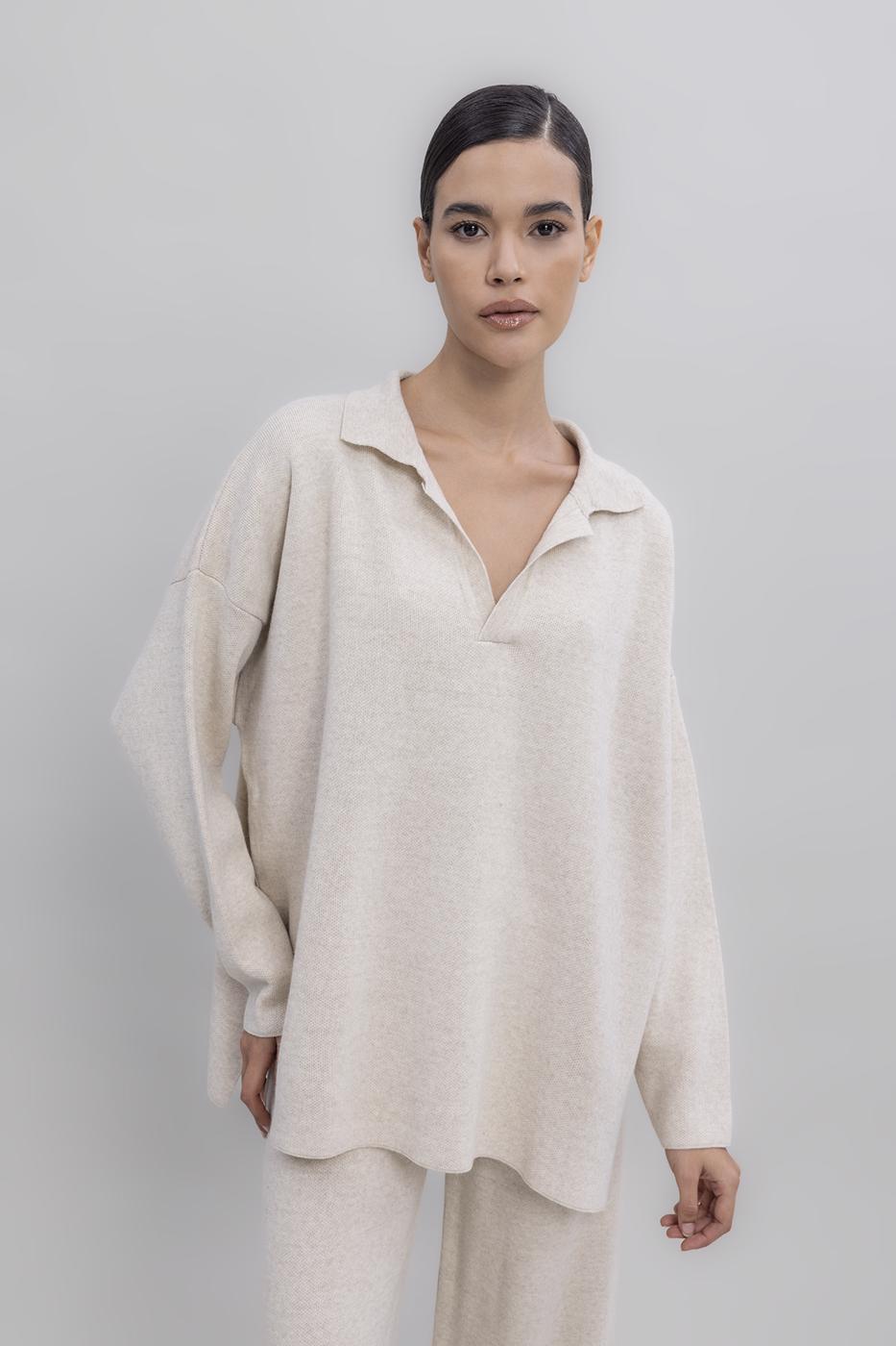 Shirt Collar Oversized Knit Pullover Ecru