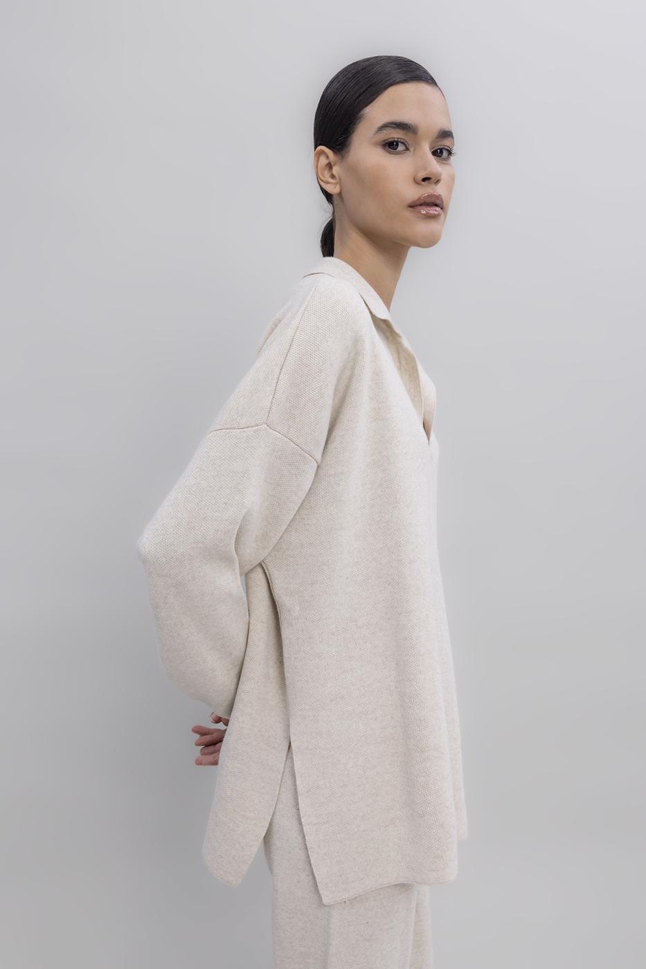 Shirt Collar Oversized Knit Pullover Ecru