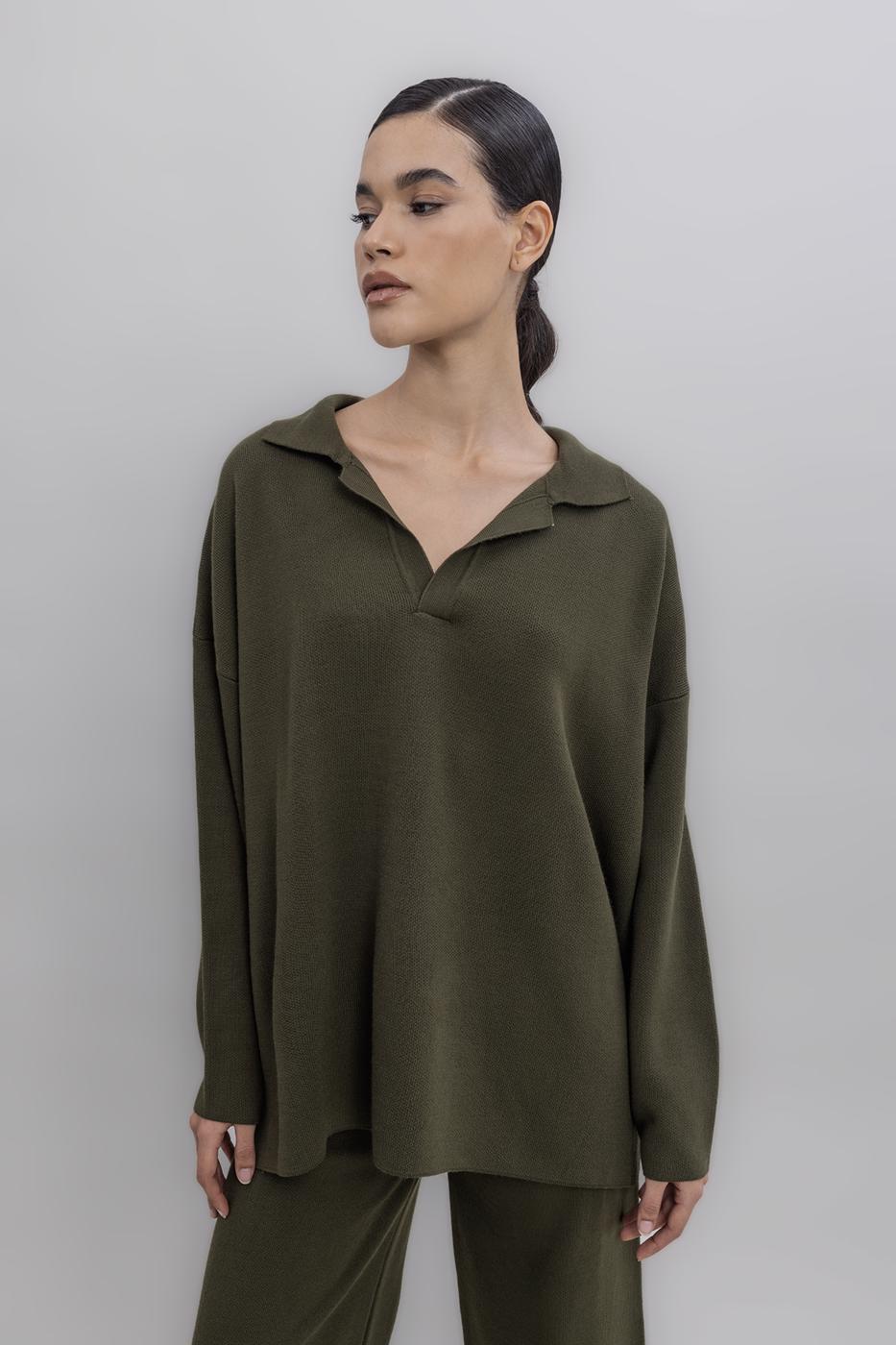 Shirt Collar Oversized Knit Pullover Khaki