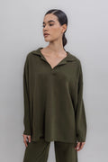 Shirt Collar Oversized Knit Pullover Khaki