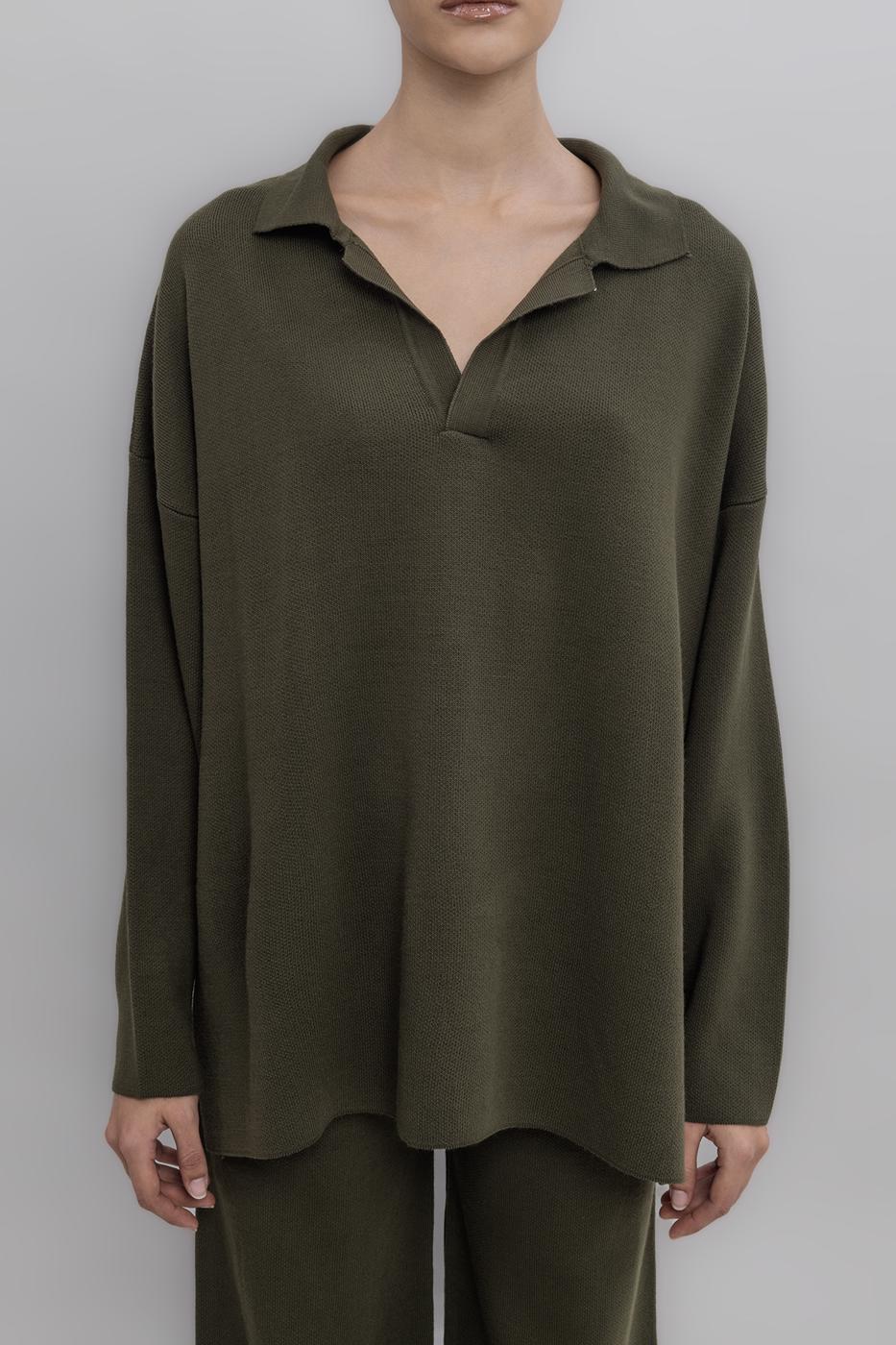 Shirt Collar Oversized Knit Pullover Khaki