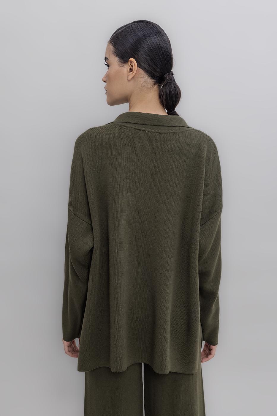 Shirt Collar Oversized Knit Pullover Khaki