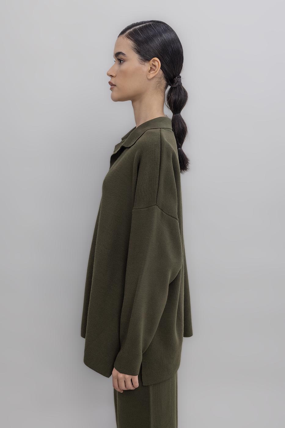 Shirt Collar Oversized Knit Pullover Khaki
