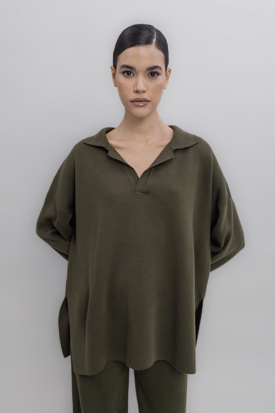 Shirt Collar Oversized Knit Pullover Khaki