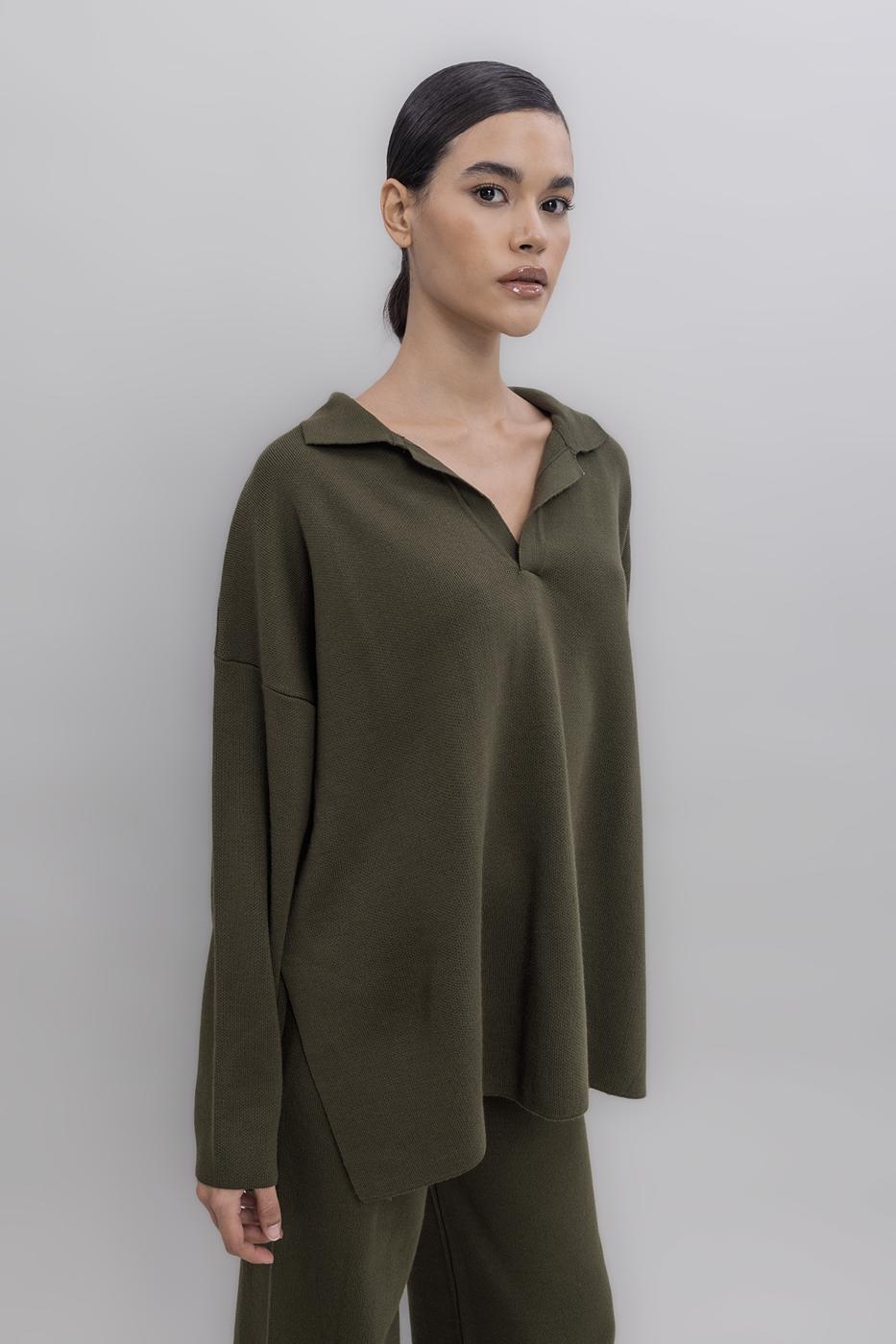 Shirt Collar Oversized Knit Pullover Khaki