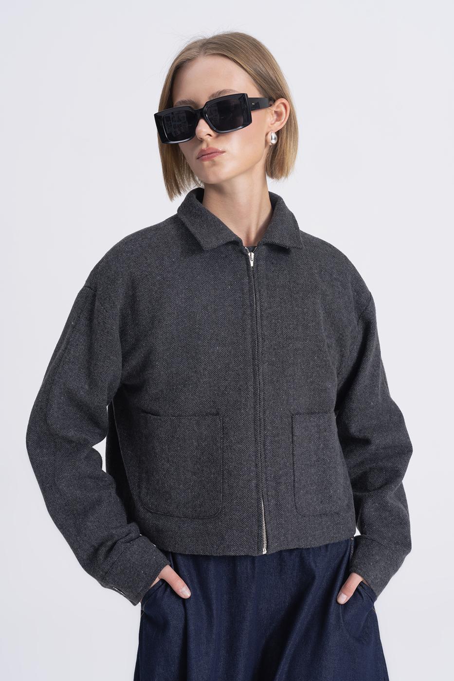 Woolen Coat with Patch Pockets Anthracite
