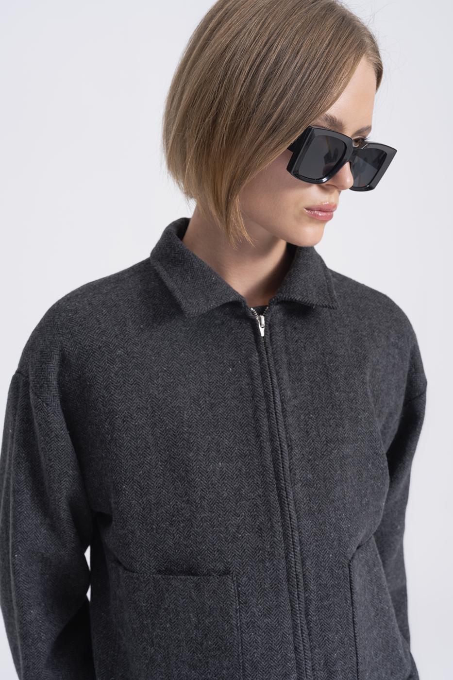 Woolen Coat with Patch Pockets Anthracite