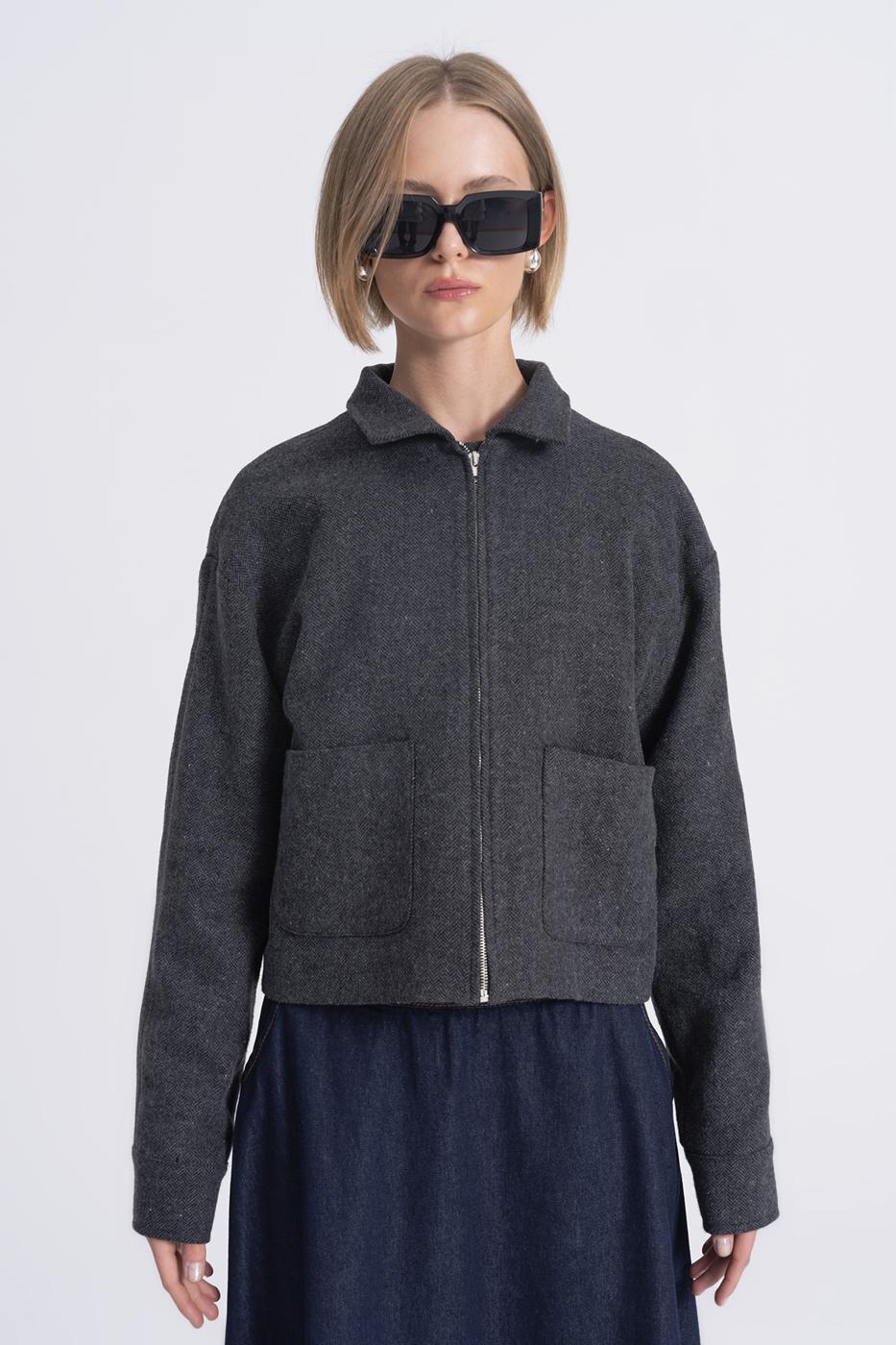 Woolen Coat with Patch Pockets Anthracite