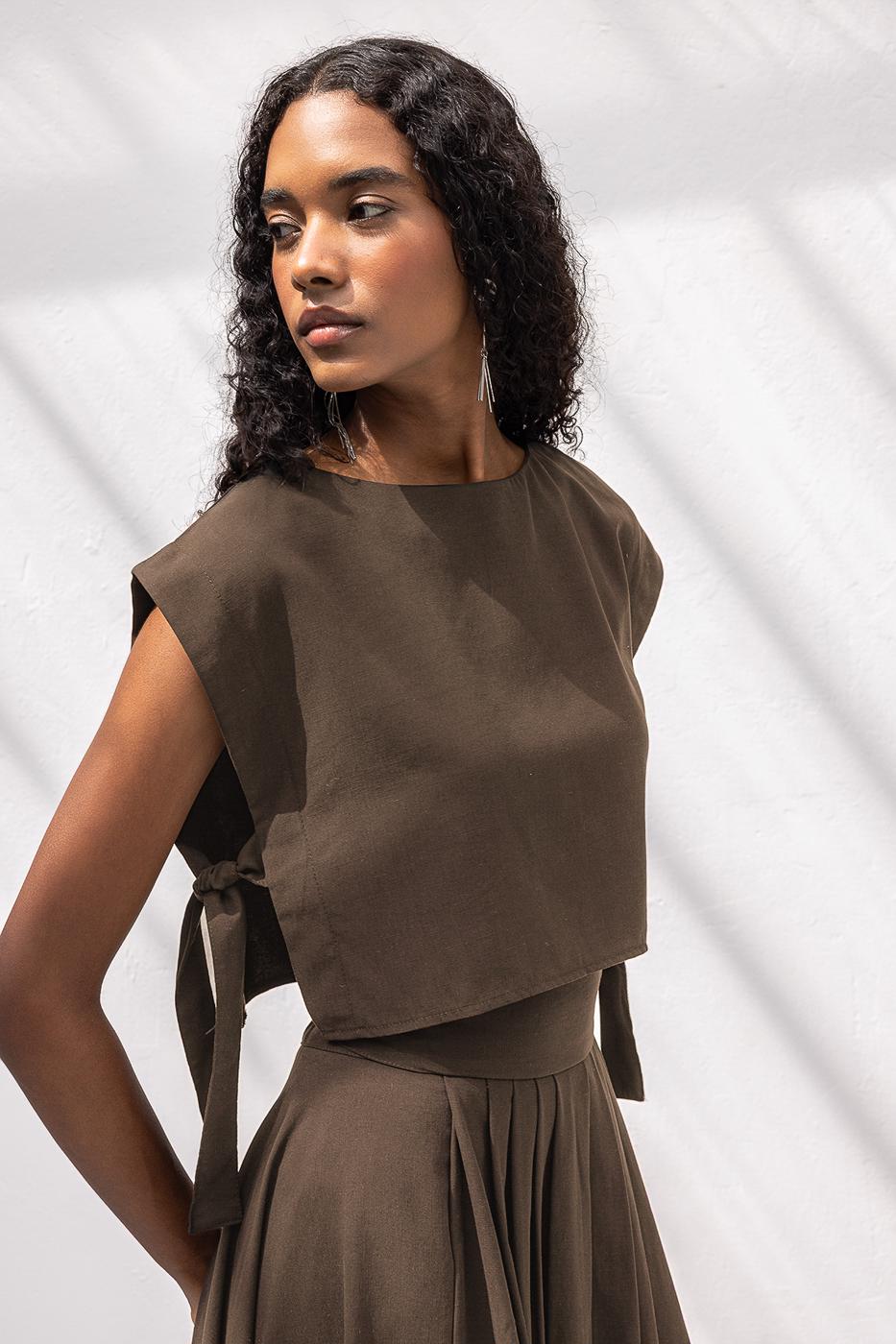 Blouse with Side Tie Detail Brown