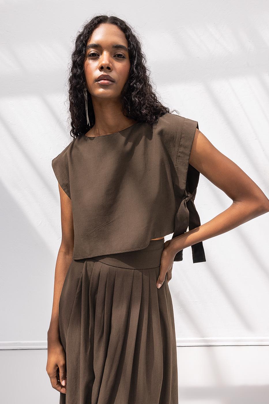 Blouse with Side Tie Detail Brown