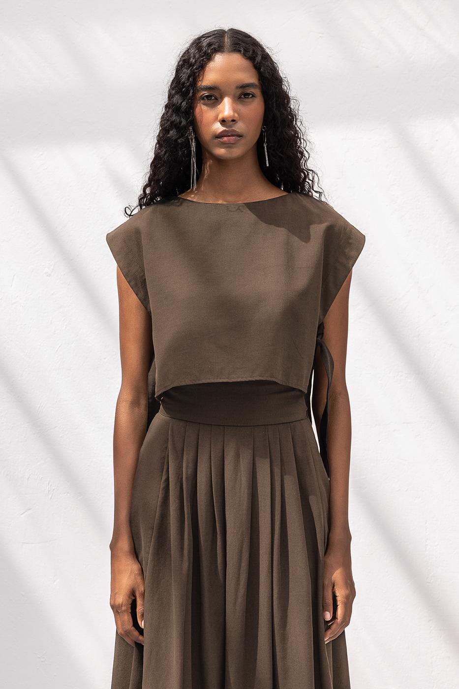 Blouse with Side Tie Detail Brown
