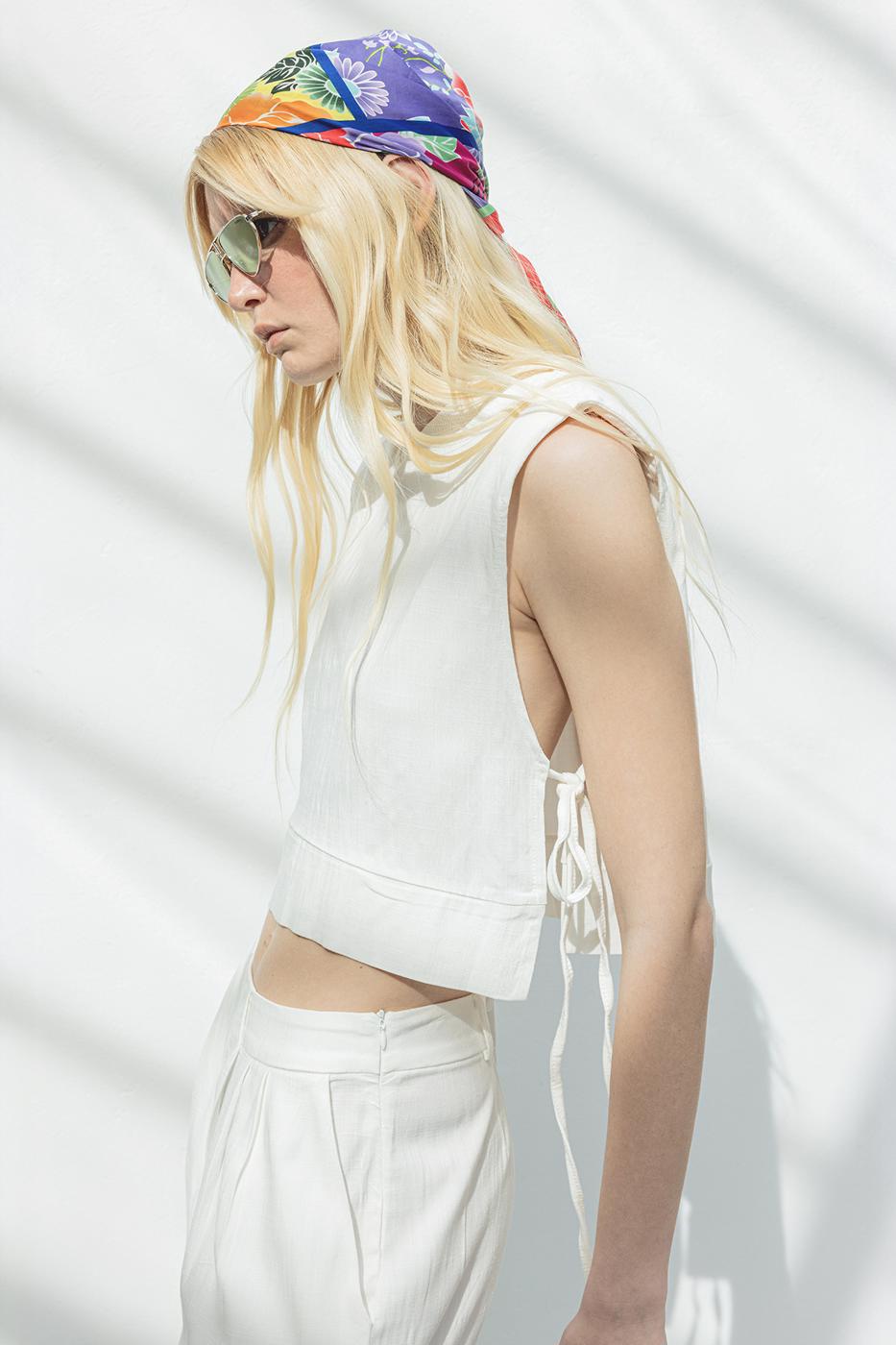 Crop Linen Blouse with Side Tie Ecru