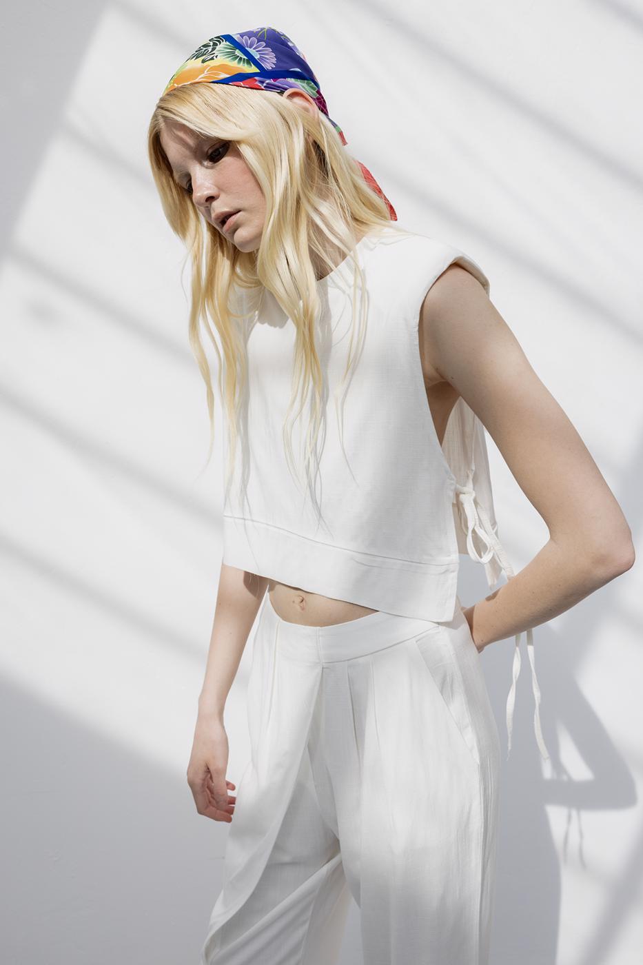 Crop Linen Blouse with Side Tie Ecru