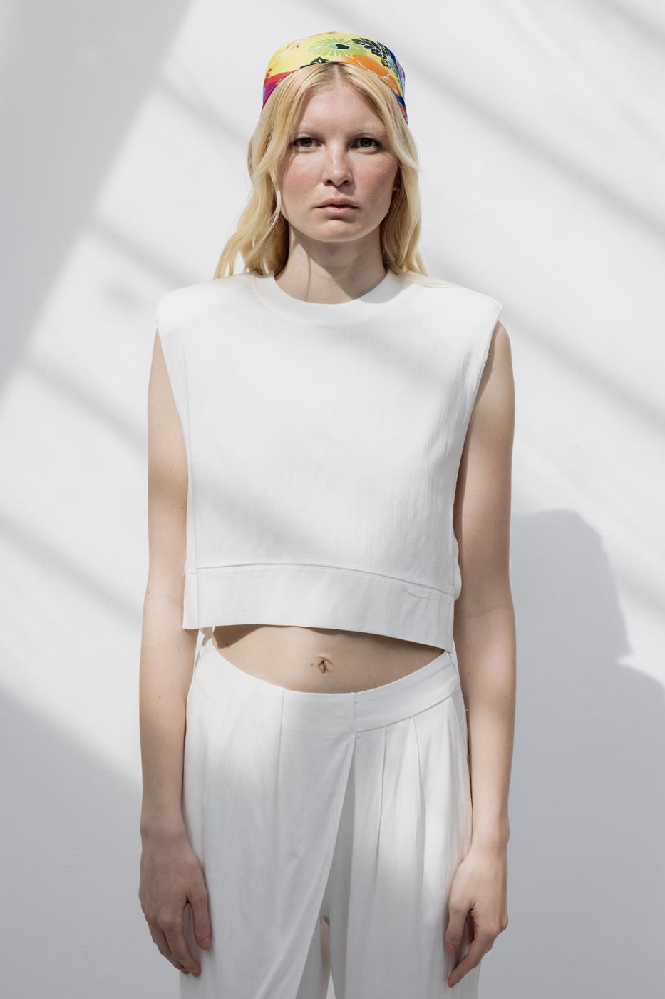 Crop Linen Blouse with Side Tie Ecru
