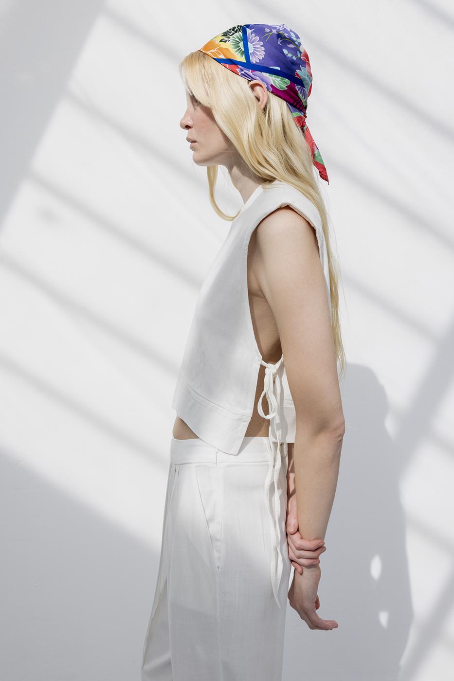 Crop Linen Blouse with Side Tie Ecru