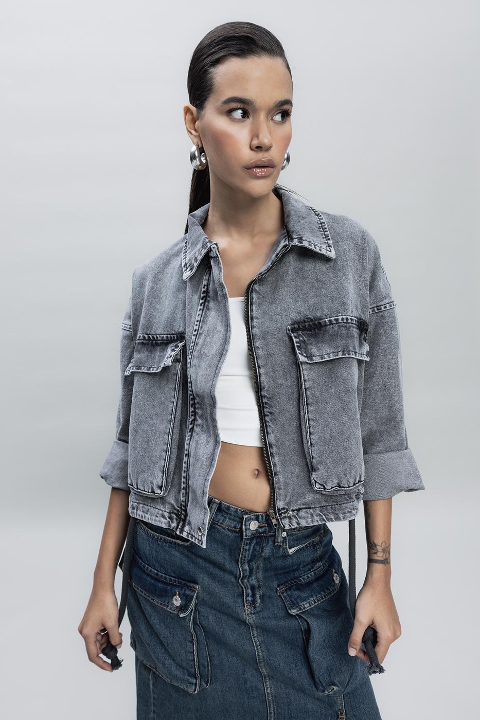 Bat-wing Sleeve Denim Coat Anthracite