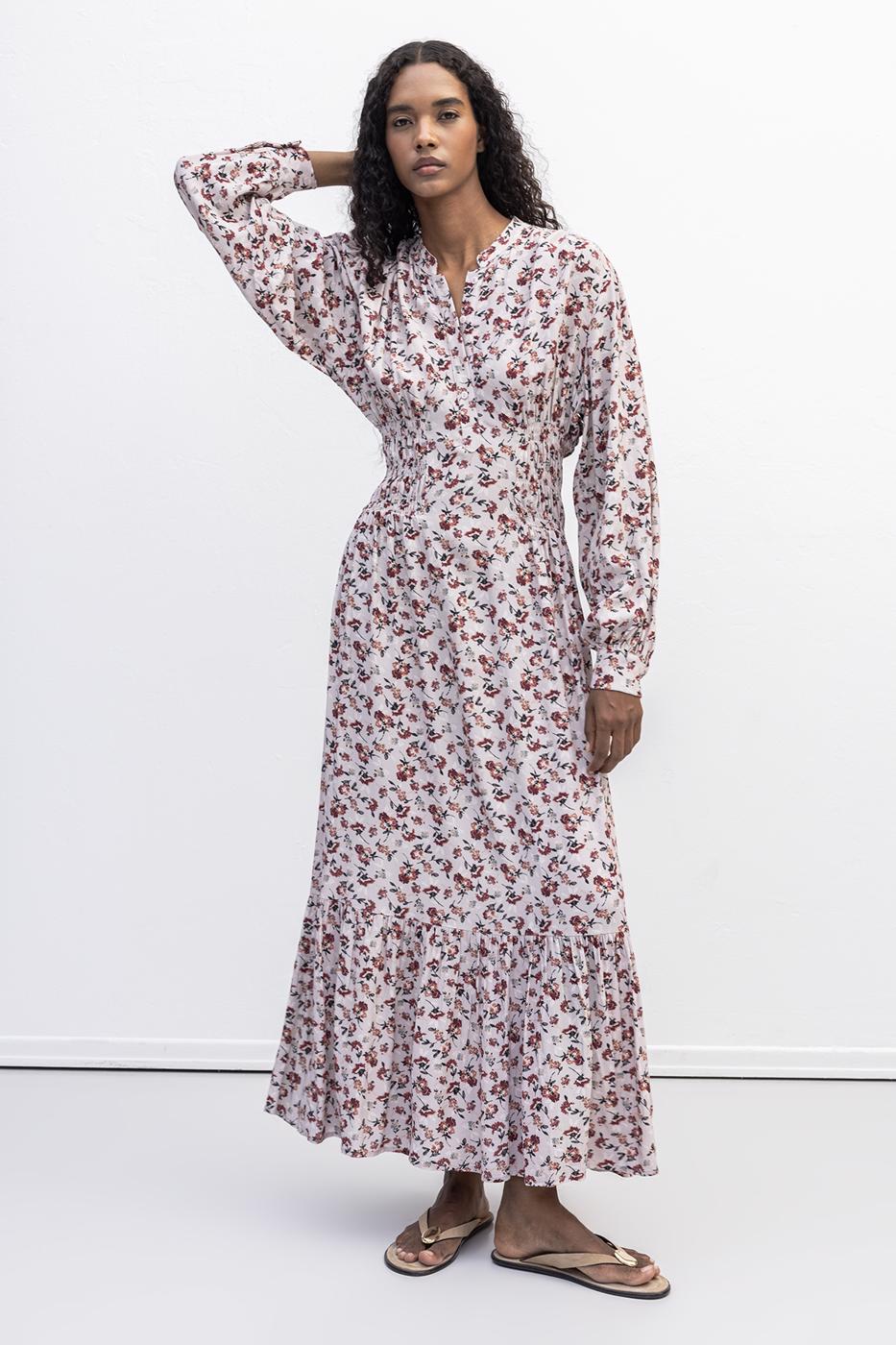 Half Placket Ruffle Midi Dress Powder