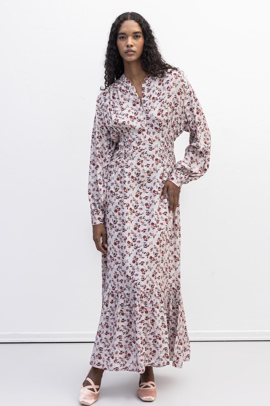 Half Placket Ruffle Midi Dress Powder