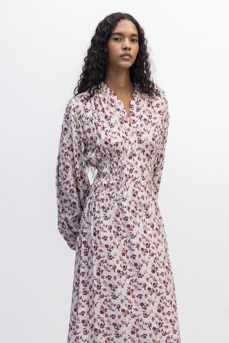 Half Placket Ruffle Midi Dress Powder