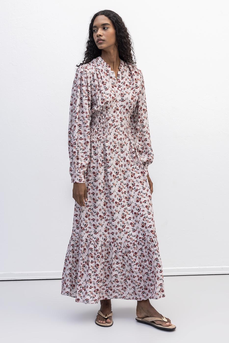 Half Placket Ruffle Midi Dress Powder