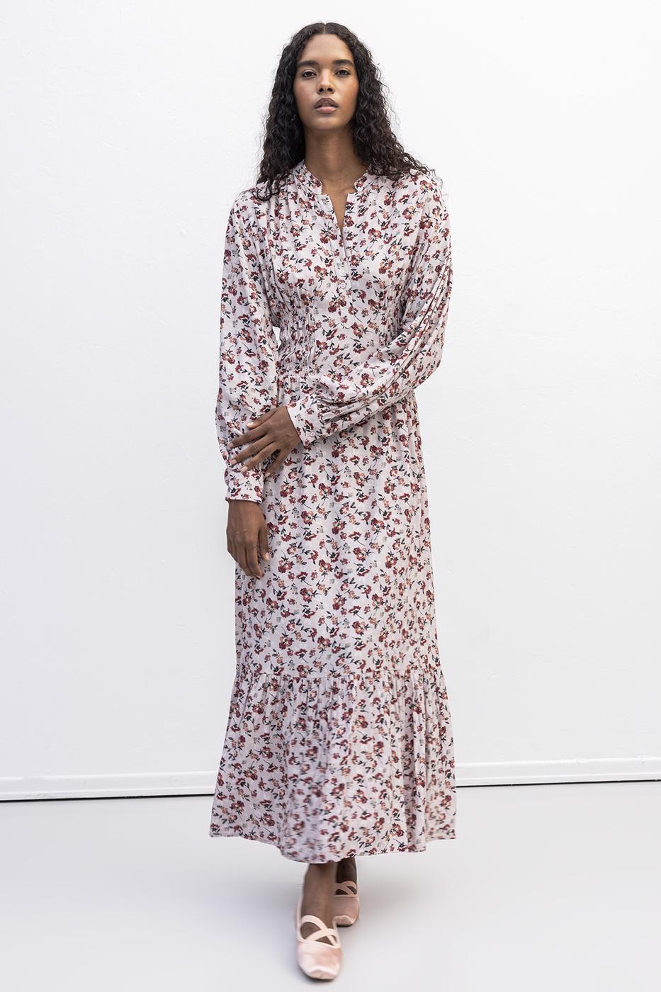 Half Placket Ruffle Midi Dress Powder