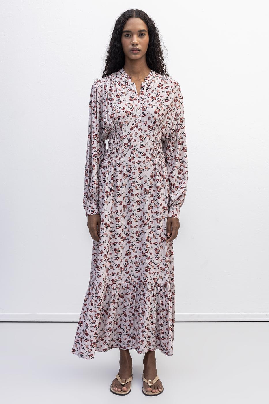 Half Placket Ruffle Midi Dress Powder