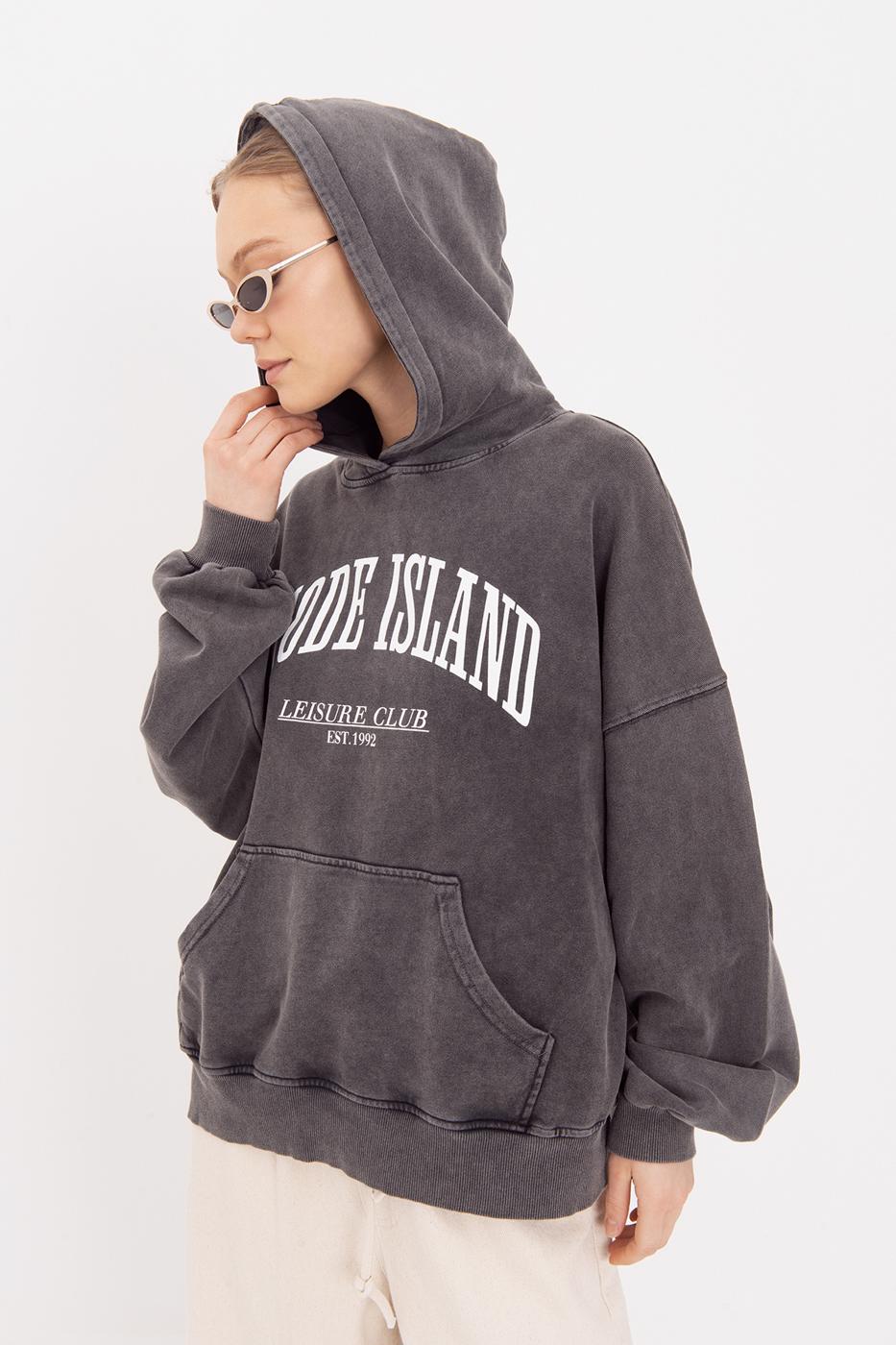 Washable Printed Hooded Oversize Sweatshirt Anthracite