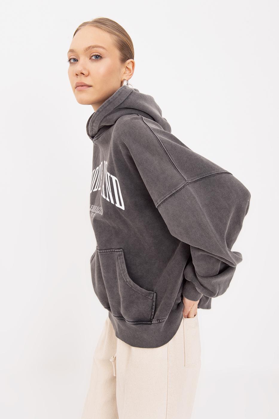 Washable Printed Hooded Oversize Sweatshirt Anthracite
