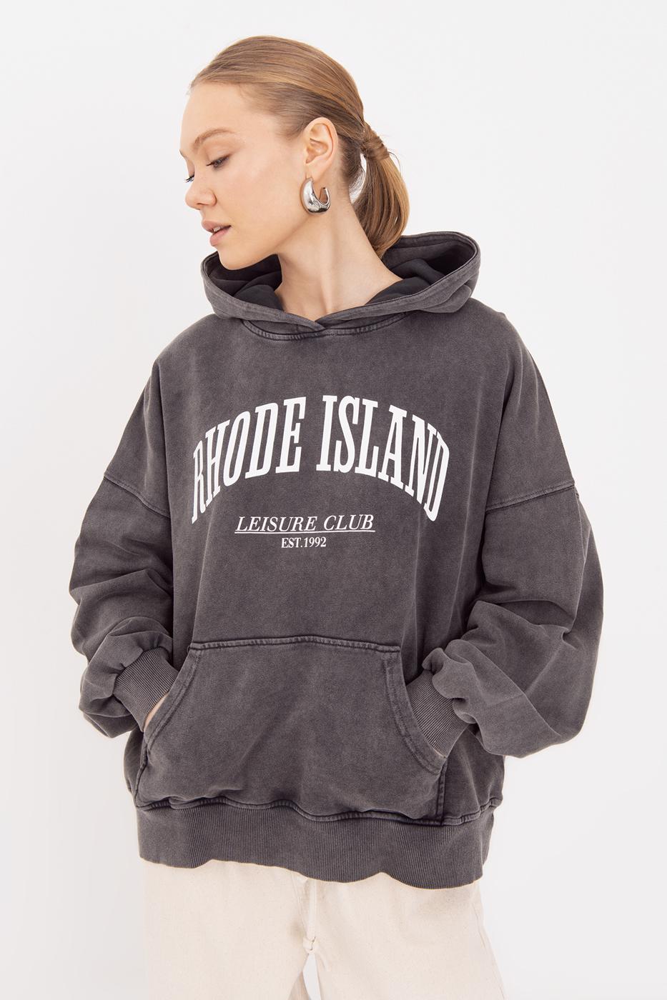 Washable Printed Hooded Oversize Sweatshirt Anthracite