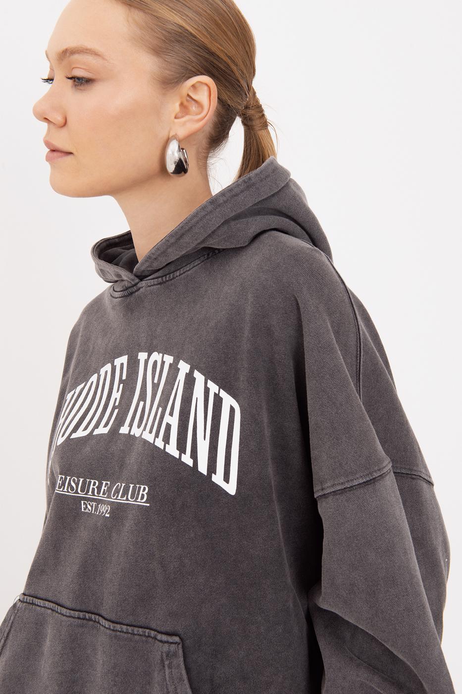 Washable Printed Hooded Oversize Sweatshirt Anthracite