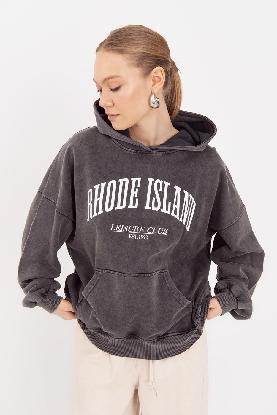 Washable Printed Hooded Oversize Sweatshirt Anthracite