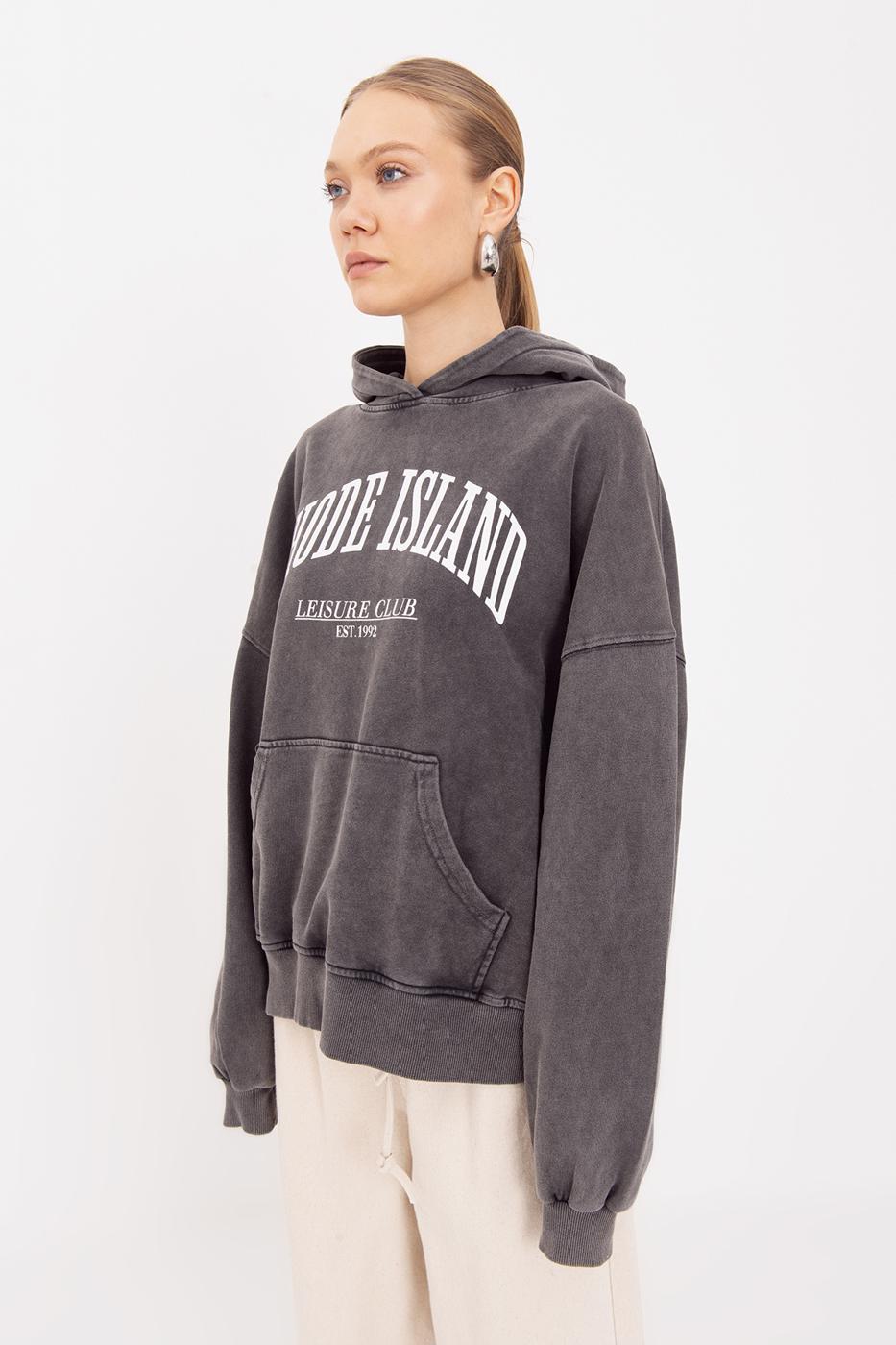 Washable Printed Hooded Oversize Sweatshirt Anthracite