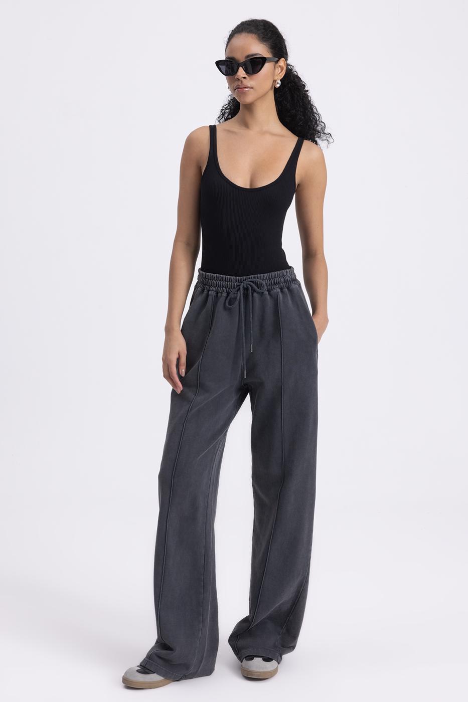 Washed Rib Stitching Detailed Trousers Anthracite
