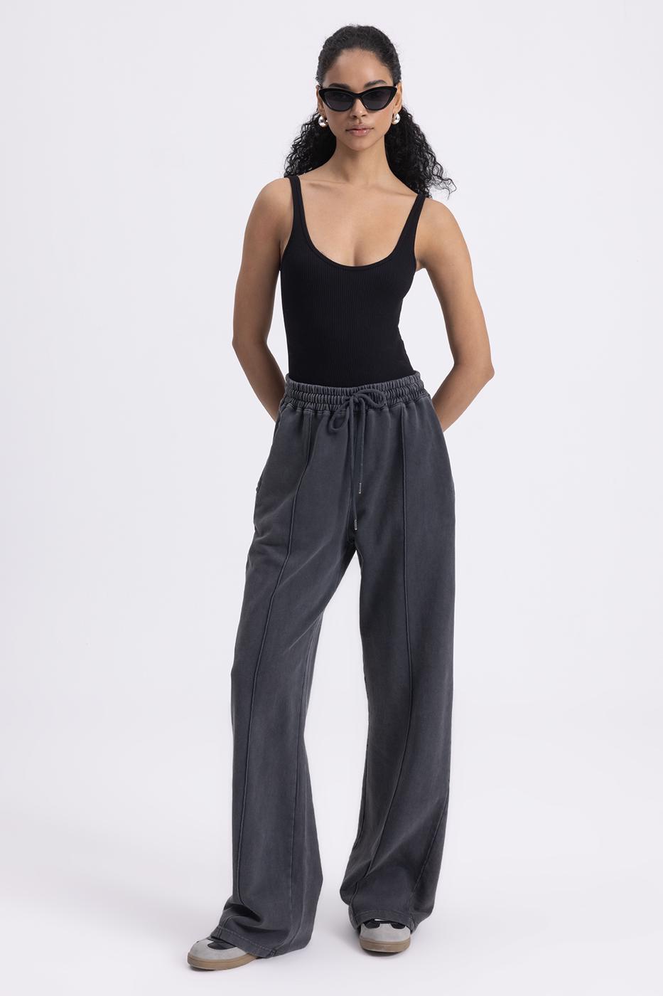 Washed Rib Stitching Detailed Trousers Anthracite