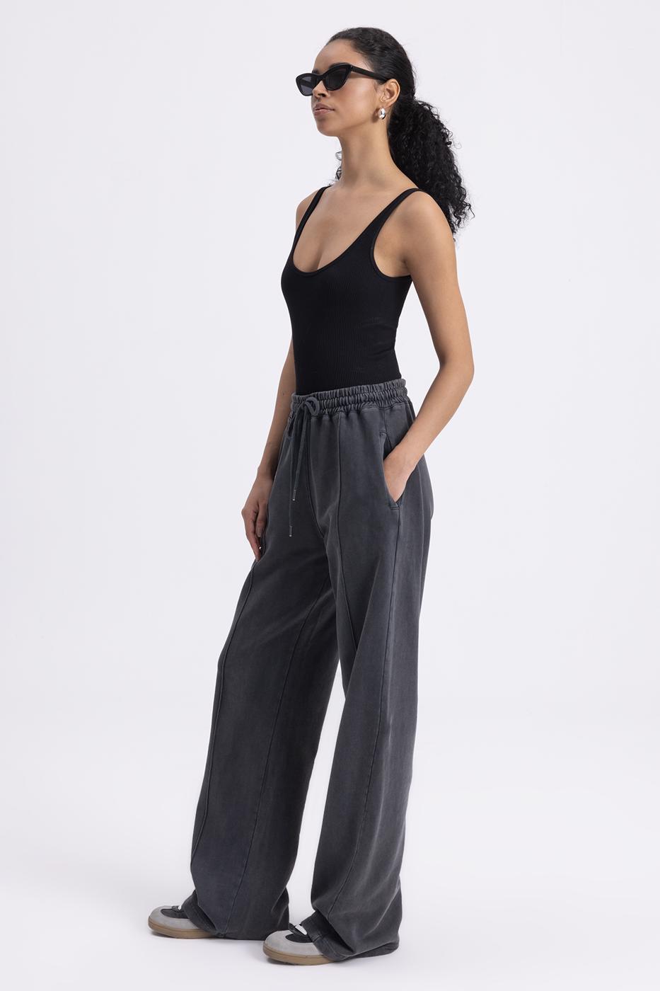 Washed Rib Stitching Detailed Trousers Anthracite