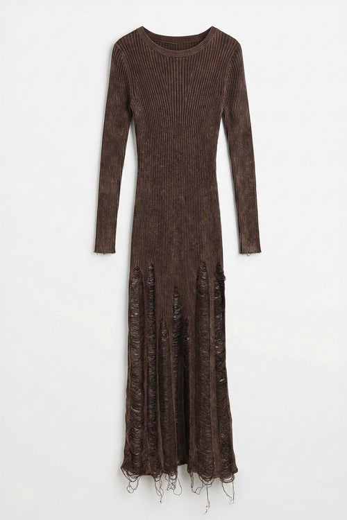 Distressed Knit Pencil Midi Dress Brown