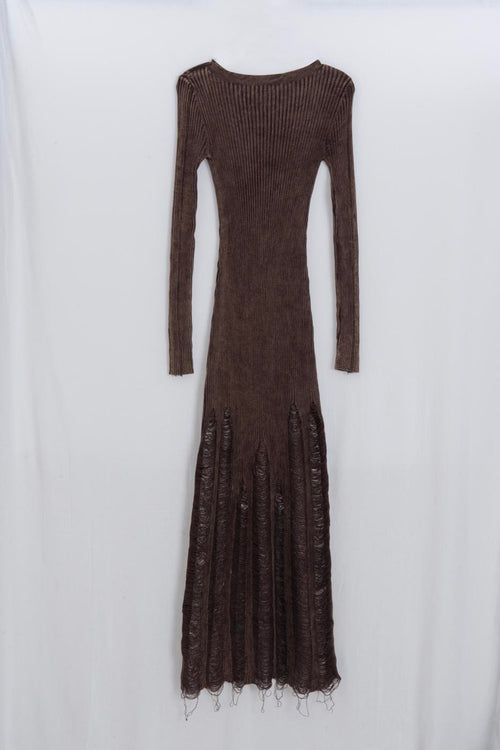 Distressed Knit Pencil Midi Dress Brown
