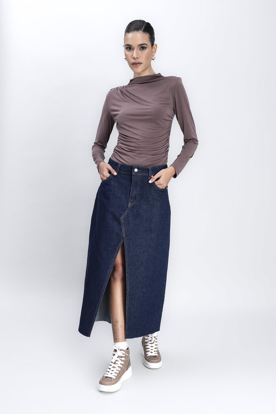 Slit Detailed Denim Skirt Navy