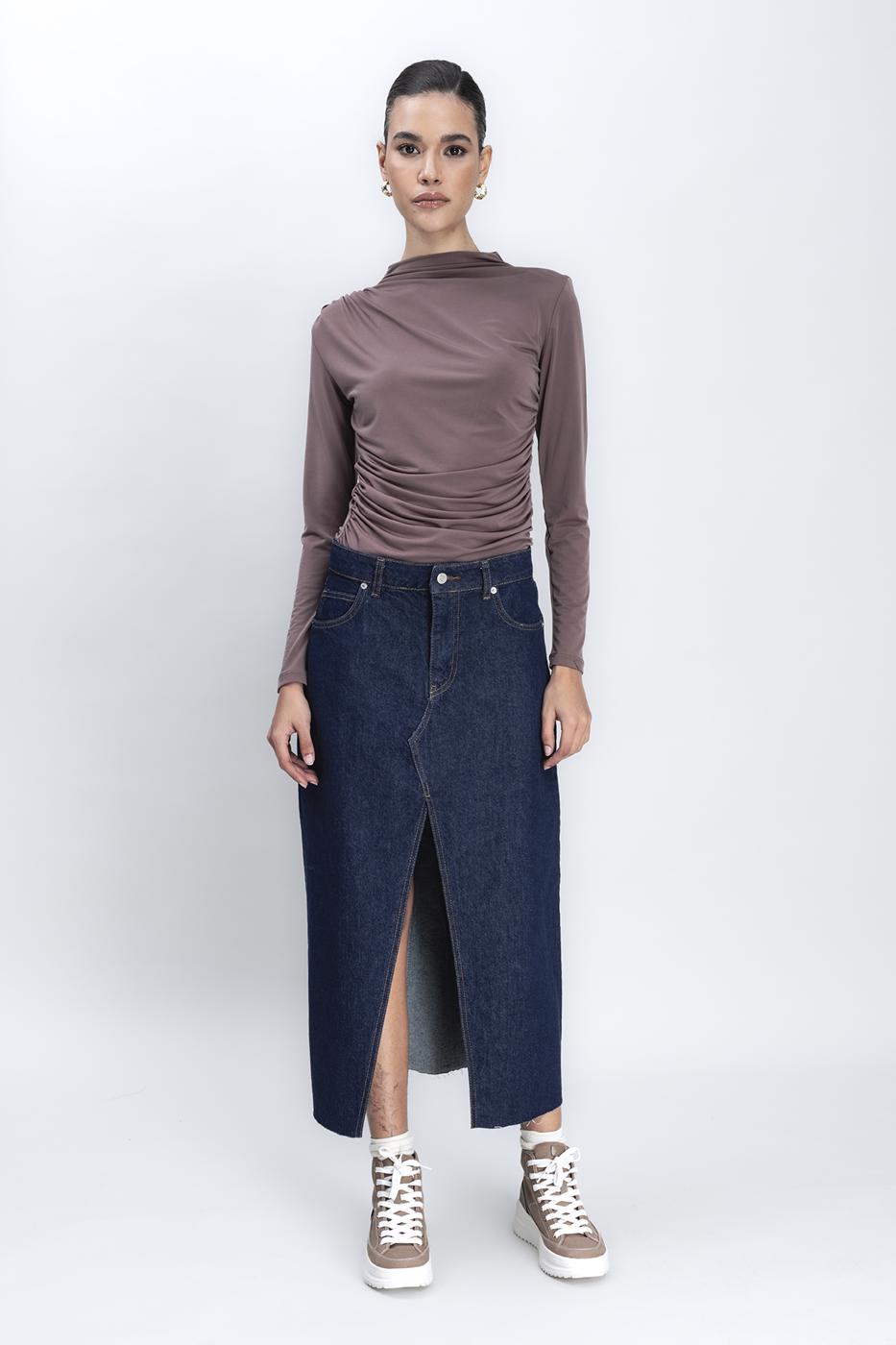 Slit Detailed Denim Skirt Navy