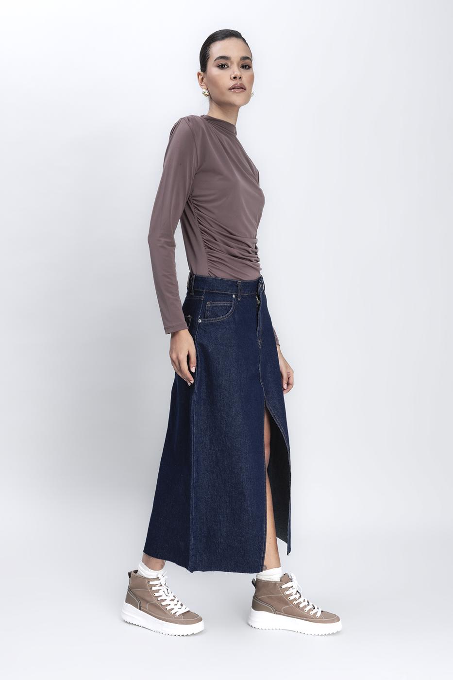 Slit Detailed Denim Skirt Navy