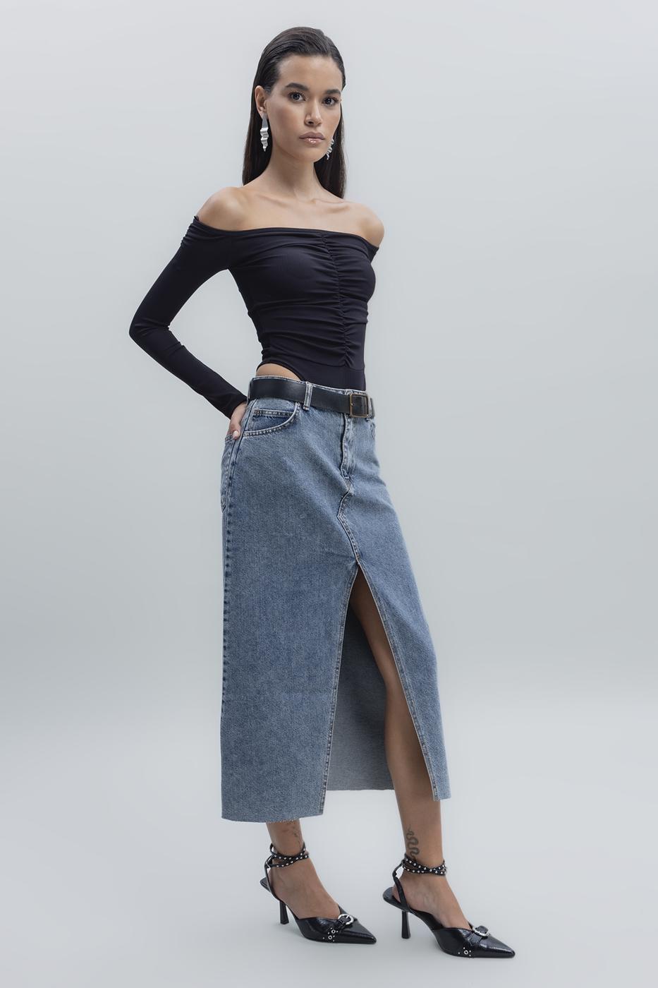 Slit Detailed Denim Skirt Blue