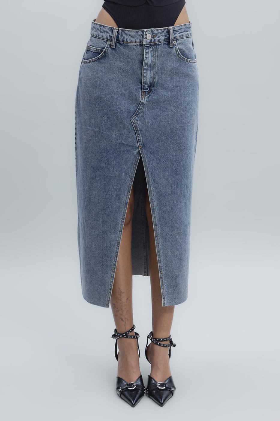 Slit Detailed Denim Skirt Blue