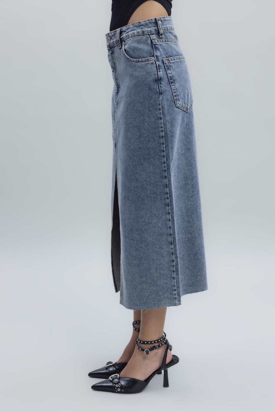 Slit Detailed Denim Skirt Blue