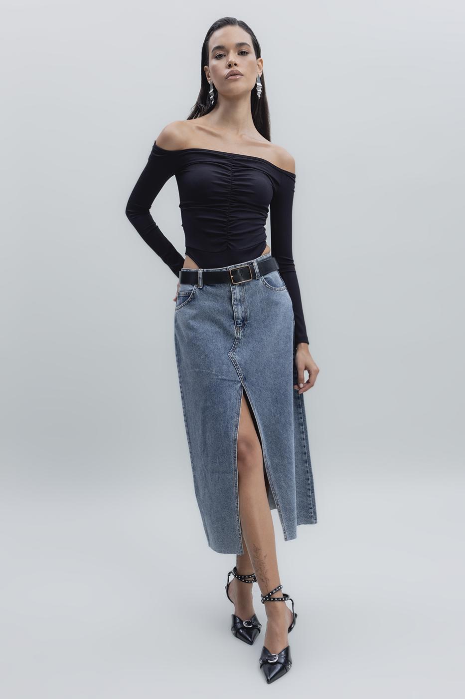 Slit Detailed Denim Skirt Blue
