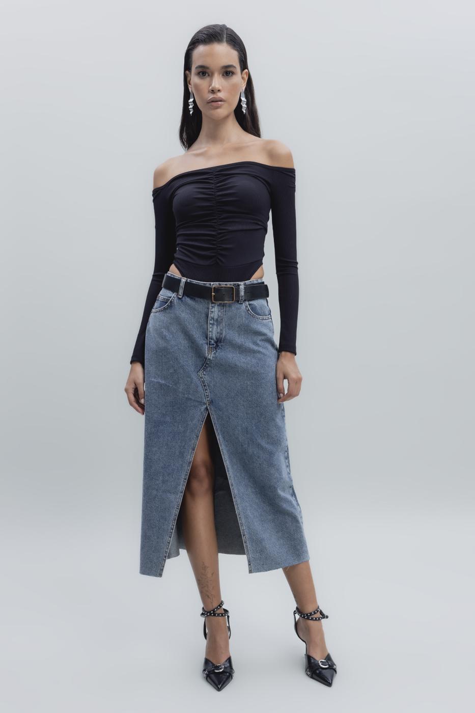 Slit Detailed Denim Skirt Blue