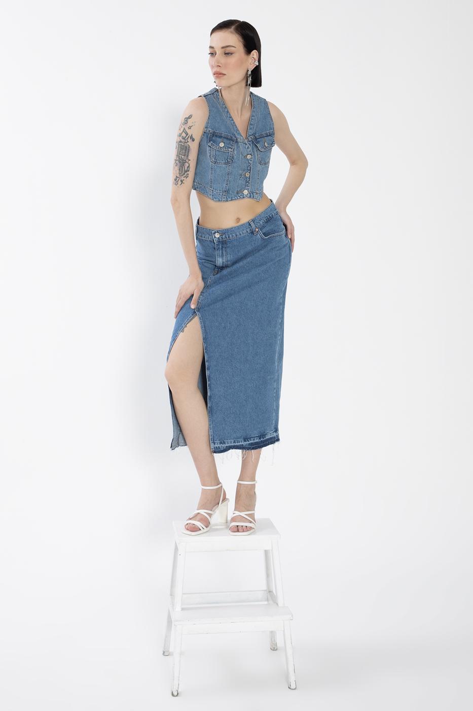 Slitted Denim Skirt Blue
