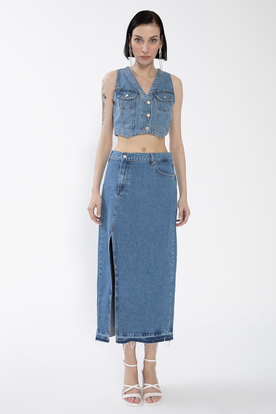 Slitted Denim Skirt Blue