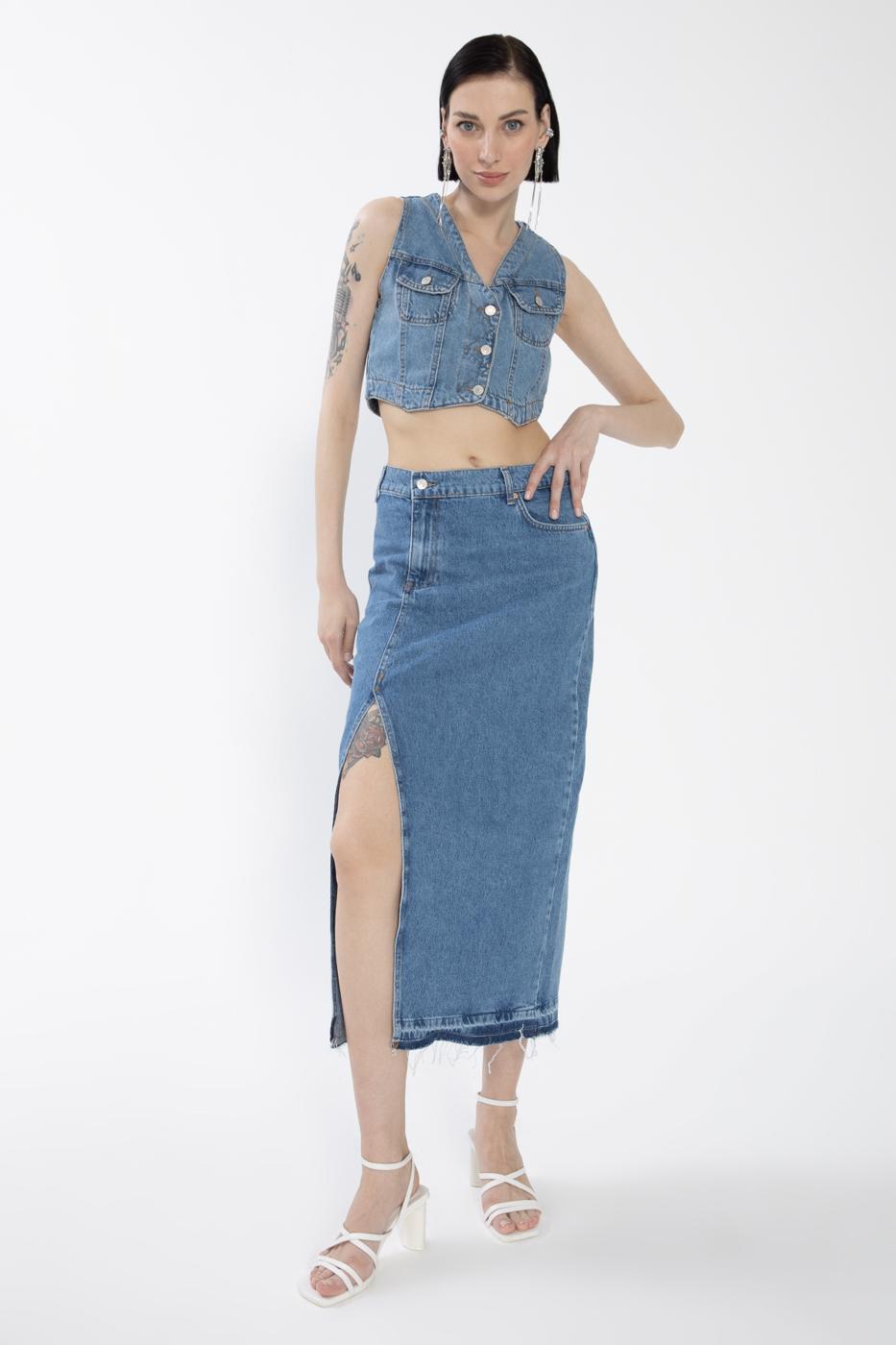 Slitted Denim Skirt Blue